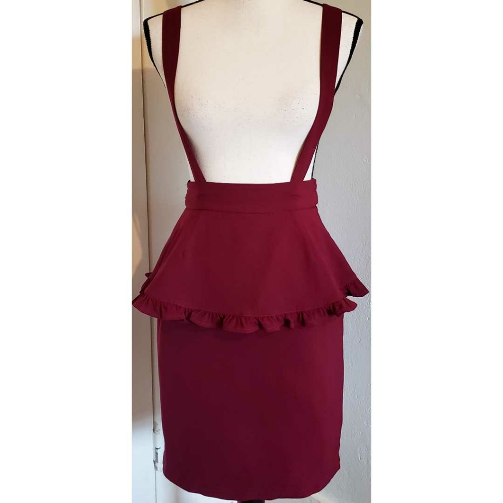 Ank Rouge Suspender Pencil Skirt Peplum Ruffle Burgundy Red